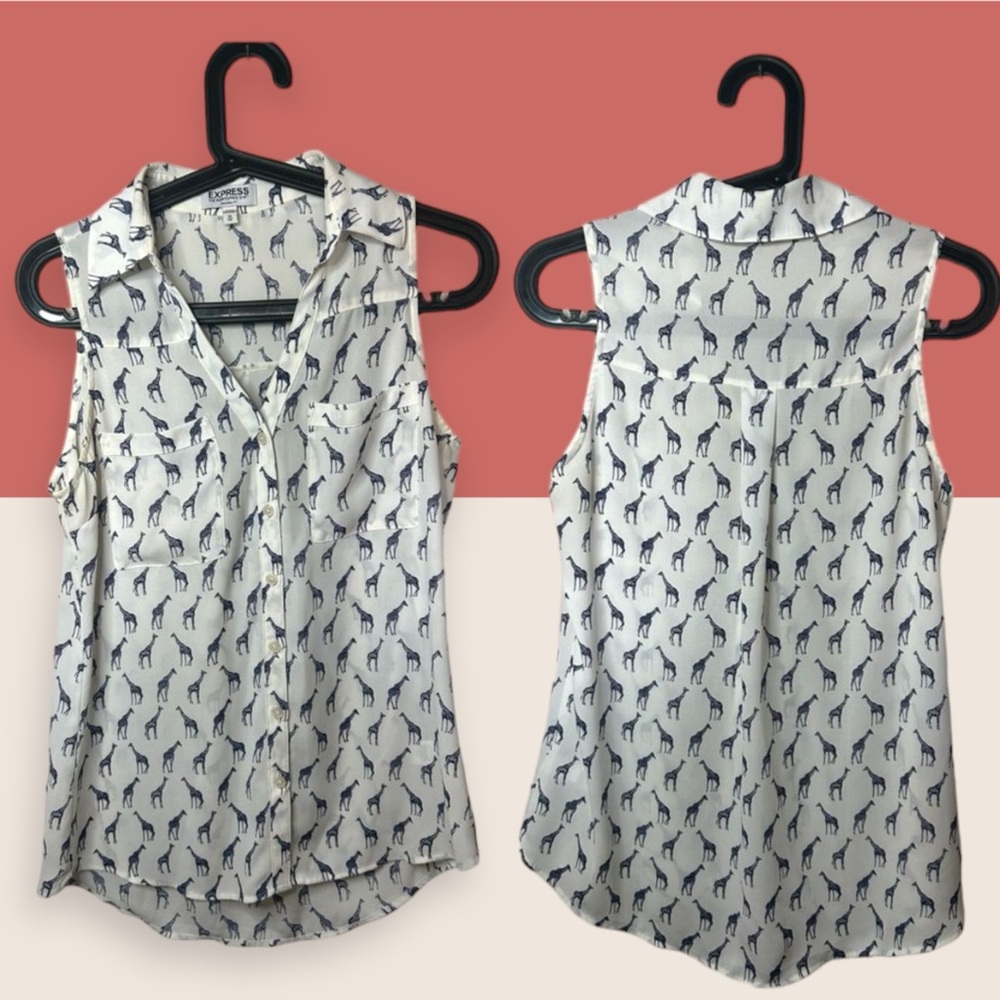 🦓 EXPRESS PORTOFINO ORIGINAL FIT BUTTON UP TANK BLOUSE DARK BLUE ZEBRA PRINT XS